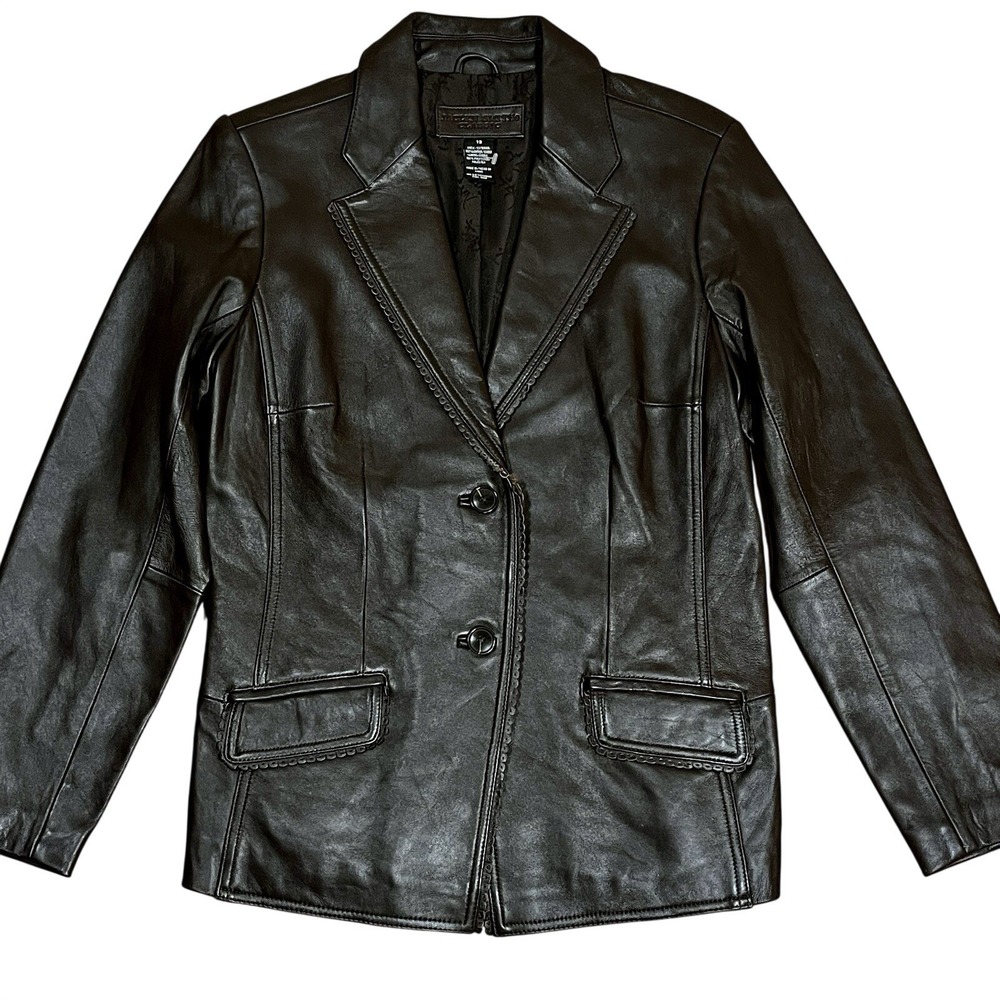 Y2K Jaclyn Smith Classic Brown Leather Blazer Jacket 12 Scalloped Trim Retro